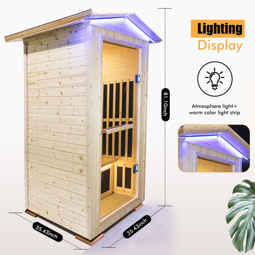 Far Infrared Wooden Sauna Room 1300W Low-EMF Dry Saunas Home Sauna Spa Single Person Spa Finland Spruce Wood fit for 7ft Person with APP Control (T-59C2)