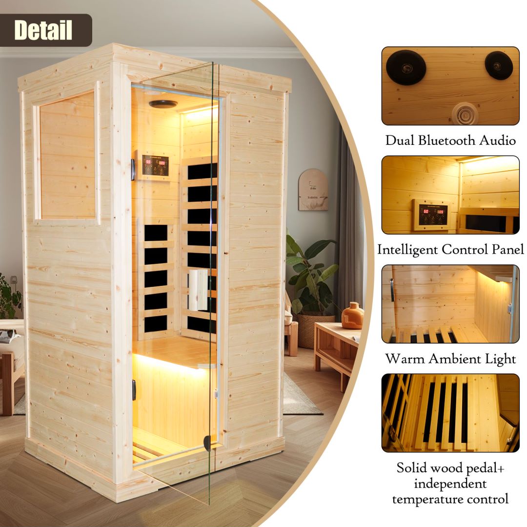 Far Infrared Wooden Sauna Room Home Sauna Spa 900W Low-EMF Dry Saunas Single Person Spa Finland Spruce Wood fit for 7ft Person(T-50C2)