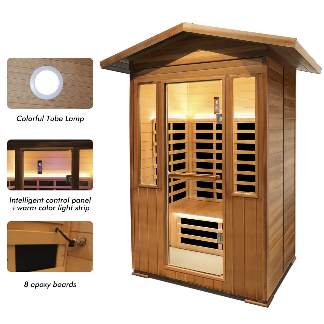 Far Infrared Wooden Sauna Room 1800W Low-EMF Dry Saunas Home Sauna Spa Double Person Spa Natural Red Cedar and Canadian Hemlock Wood Smart Phone APP Control (T-59C3)
