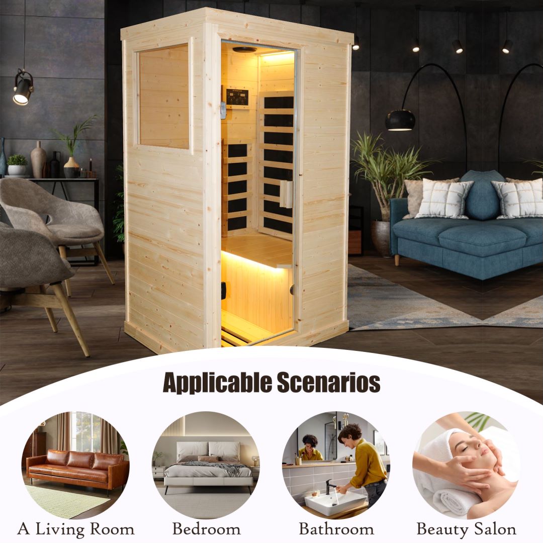 Far Infrared Wooden Sauna Room Home Sauna Spa 900W Low-EMF Dry Saunas Single Person Spa Finland Spruce Wood fit for 7ft Person(T-50C2)