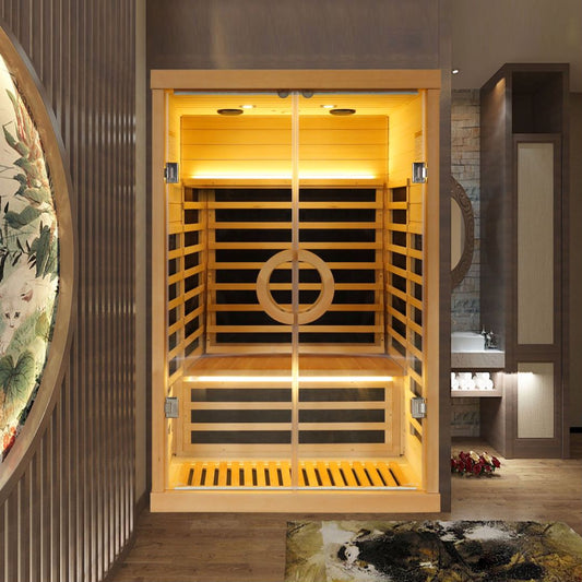 Far Infrared Wooden Sauna Room Smart Phone APP Control 1980W Low-EMF Dry Saunas Home Sauna Spa Double Person Spa Natural Canadian Hemlock Wood with Tempered Glass Door (T-52D)