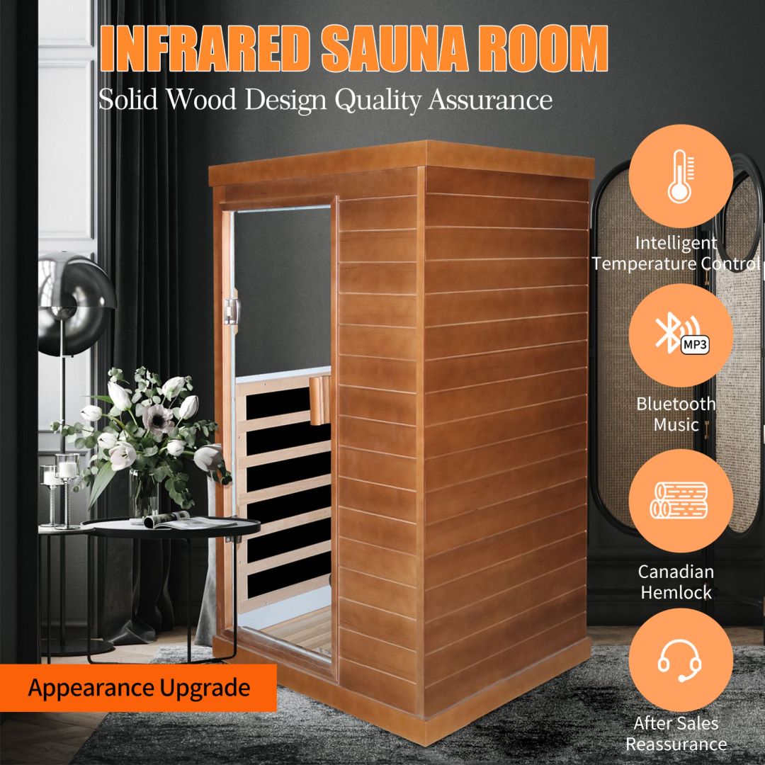 Far Infrared Wooden Sauna Room 800W Low-EMF Far Infrared Dry Saunas Home Sauna Spa Single Person Spa Natural Canadian Hemlock Wood fit for 7ft Person (T-50DD)