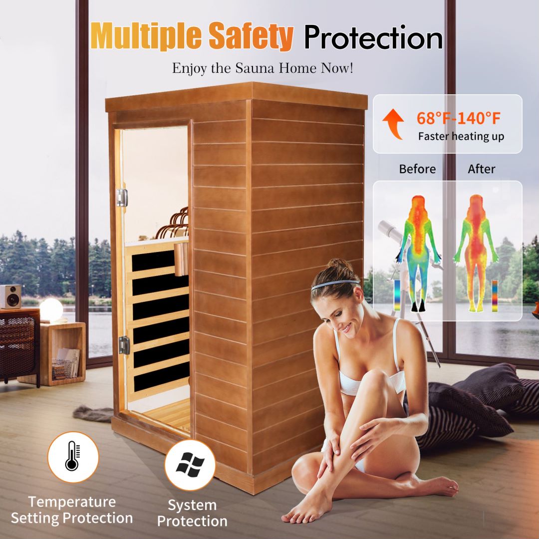 Far Infrared Wooden Sauna Room 800W Low-EMF Far Infrared Dry Saunas Home Sauna Spa Single Person Spa Natural Canadian Hemlock Wood fit for 7ft Person (T-50DD)